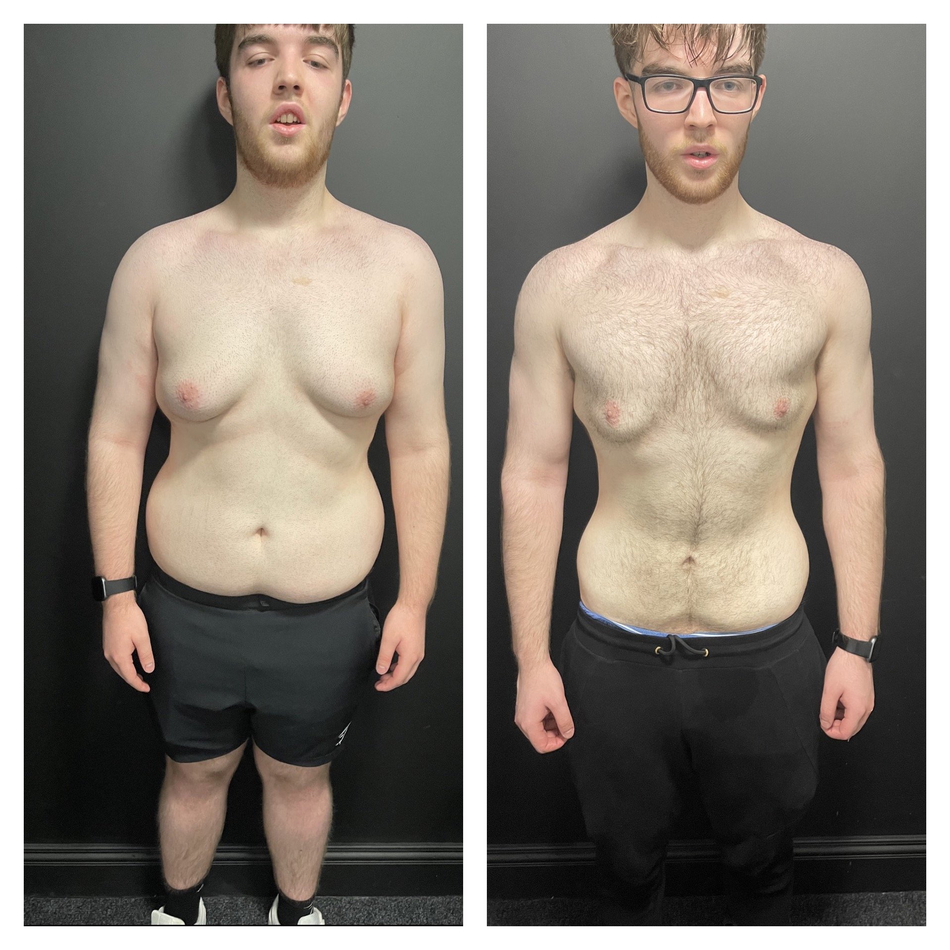 Side-by-side comparison of a young man before and after fitness transformation, showing significant weight loss and muscle definition.