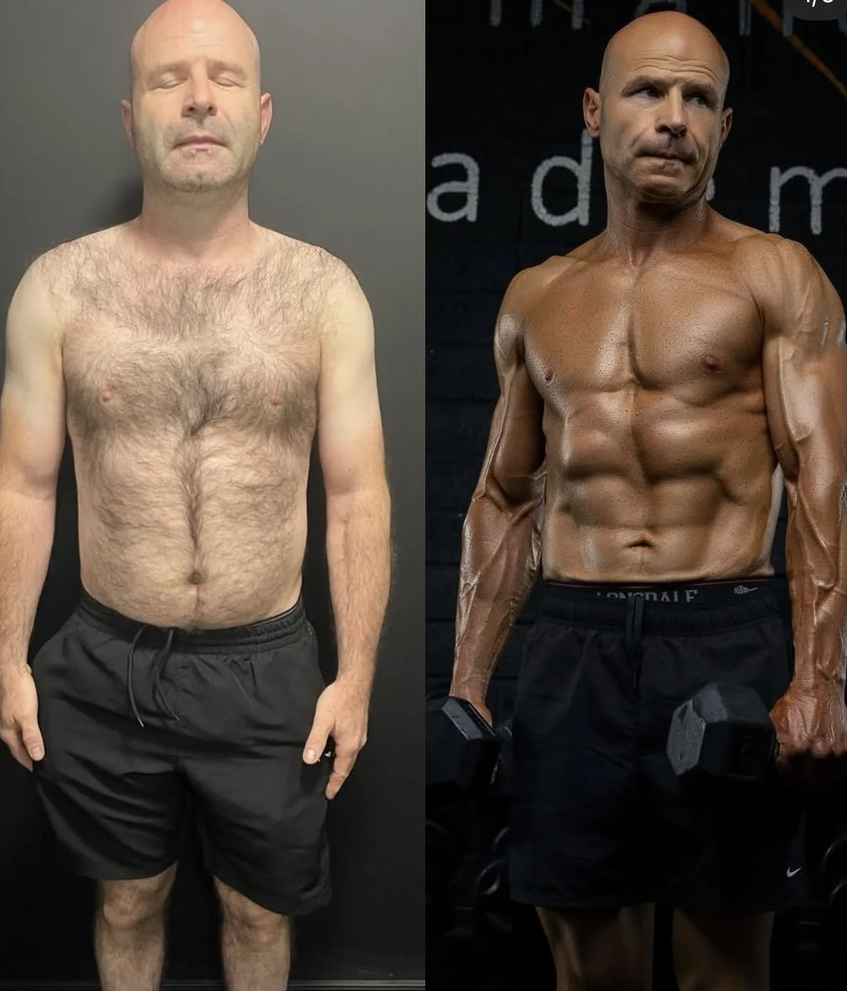 Side-by-side comparison of a shirtless man before and after a physical transformation, showing increased muscle definition and reduced body fat.