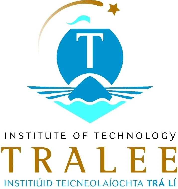 Logo for the Institute of Technology Tralee featuring a blue shield with a large 'T', ocean waves or water at the base, a streak of blue and gold accents, and text in English and Irish.