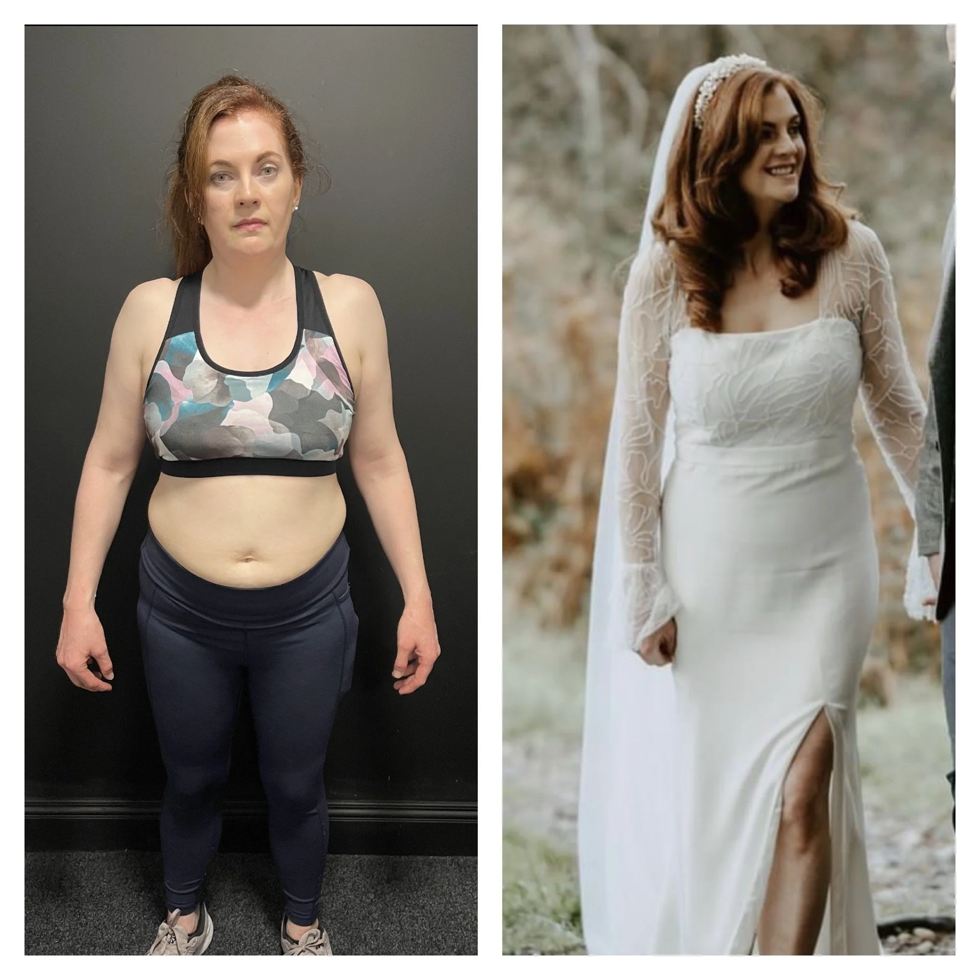 Side-by-side comparison of a woman before and after her wedding day. On the left, she appears in workout clothes, and on the right, she is dressed in a wedding gown, smiling outdoors.