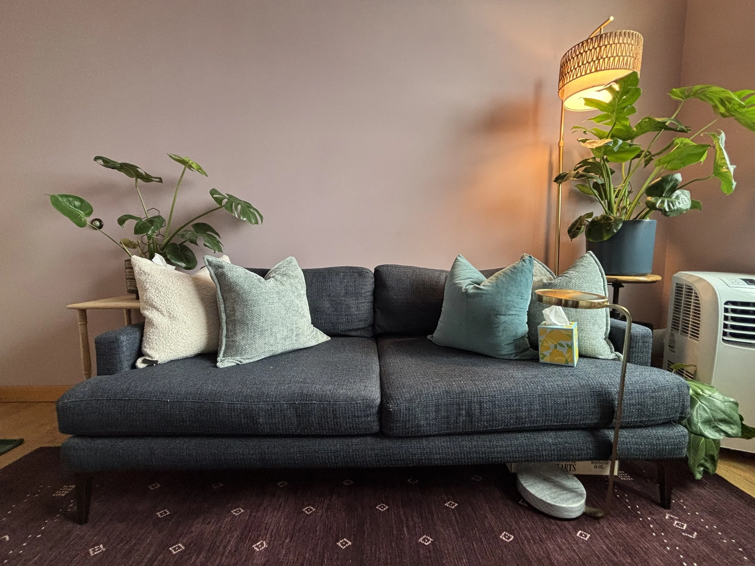 An office sofa with multiple pillows, a side table, large potted plants, and a standing lamp, against a mauve wall.