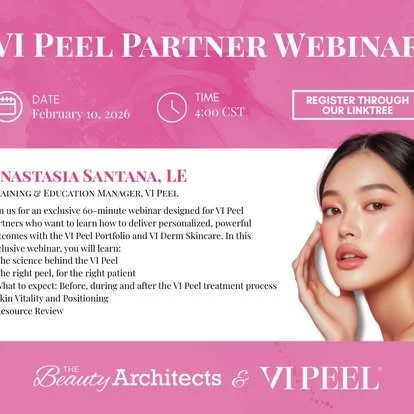 Pink promotional banner for VI Peel Partner Webinar featuring a woman with dark hair and makeup, with event details and registration information.