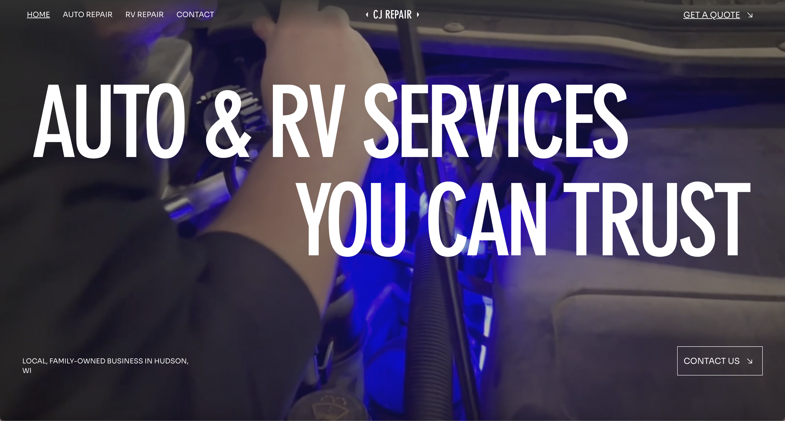 A person working on a bicycle inside a workshop with blue lighting, overlaid with text that reads 'Auto & RV Services You Can Trust'.