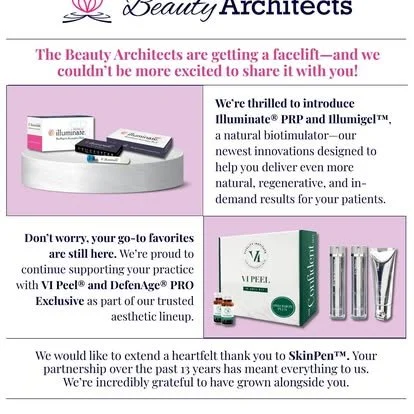 Advertisement for beauty and skincare products including Illuminate PRP, Illuminate Gel, VPEEL, and SkinPen with images of the products.