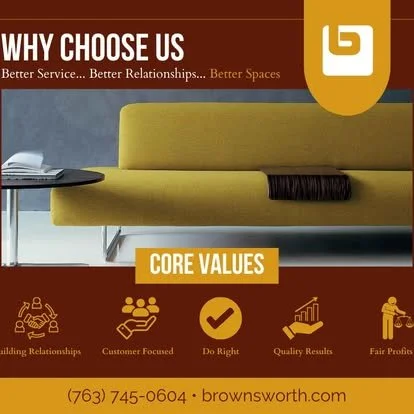A booth with a yellow couch, a side table with a gray object, and a dark blanket. The background is a deep brown, and there is text promoting a company called Brownsworth, emphasizing core values like building relationships, customer focus, doing rig
