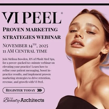 Promotional flyer for a VI Peel marketing webinar on November 14th, 2025, at 11 AM Central Time, featuring a woman with flawless skin, promoting beauty strategies and skincare.