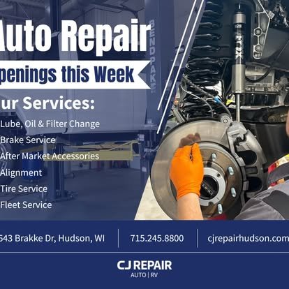 Advertisement for an auto repair shop with a mechanic working on a vehicle's brake system, listing services like lube, oil filter change, brake service, alignment, tire service, and fleet service, along with contact info and location in Hudson, WI.