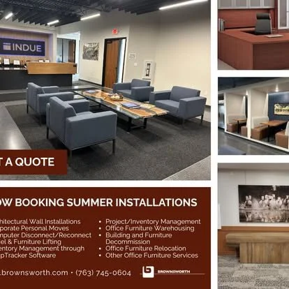 Lobby area with gray chairs and a coffee table, information about office furniture installation services, and branding for Brownsworth.