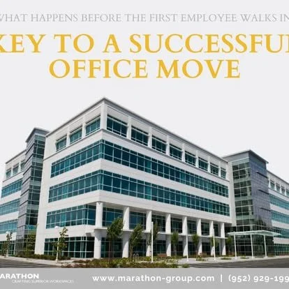 Modern office building with glass windows and trees in front. Text overlay reads 'KEY TO A SUCCESSFUL OFFICE MOVE'.
