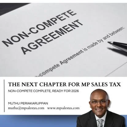 A document titled 'NON-COMPETE AGREEMENT' with a pen resting on it, and a photo of a smiling man wearing glasses and a suit in the bottom right corner. The document also has a subtitle about the next chapter for MP sales tax.