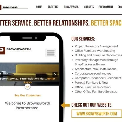 Screenshot of BROWNSWORTH company's website homepage featuring navigation menu, service list, and website link