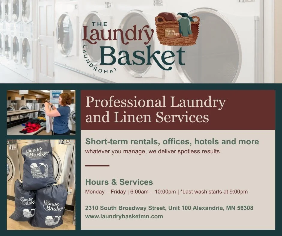 Sign for Laundry Basket Laundromat advertising professional laundry and linen services, including short-term rentals, offices, and hotels. The sign includes hours from Monday to Friday, 6:00 am to 10:00 pm, with last wash at 9:00 pm. It shows a woman
