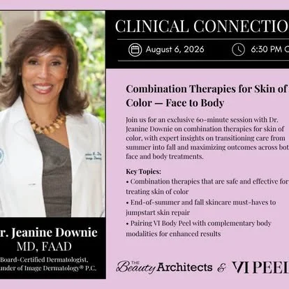 A woman dressed professionally in a blazer and blouse, standing next to a presentation slide about clinical skincare therapies, with details about an event scheduled on August 6, 2026, at 6:30 PM.