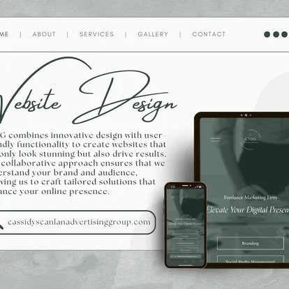 Screenshot of a website homepage for a web design business, displaying the menu, logo, and devices showing a digital marketing project.