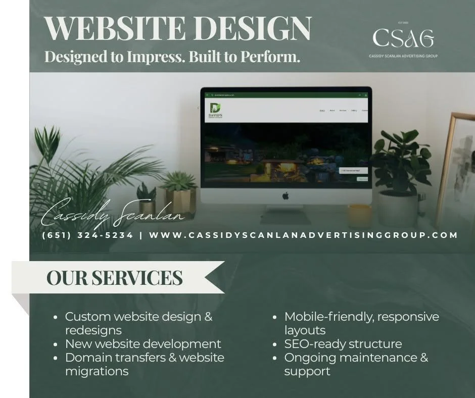 A promotional flyer for a website design service featuring a computer monitor with a website, with plants on either side, and text highlighting the services and contact information.