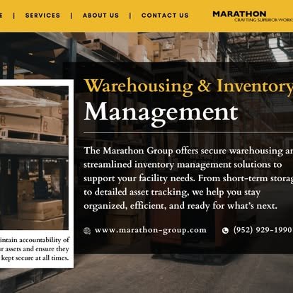 Warehouse with shelves filled with boxes, featuring an overlay of text about warehousing and inventory management services by Marathon Group.