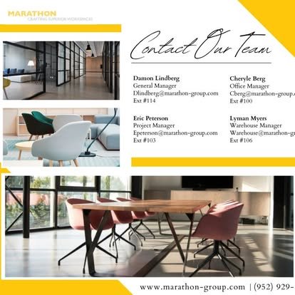 A contact information page for Marathon Group featuring a photo of a modern office hallway with glass walls, followed by a list of team members' names, titles, emails, and extension numbers, and a photo of a conference room with a wooden table and pi