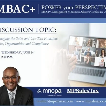 A presentation slide for the MNCPA Management & Business Advisers Conference 2023, with a discussion topic on managing sales and use tax. The date is June 24, from 2:10 p.m. The slide features the MNCPA and MPSalesTax logos, a photo of a man in a sui