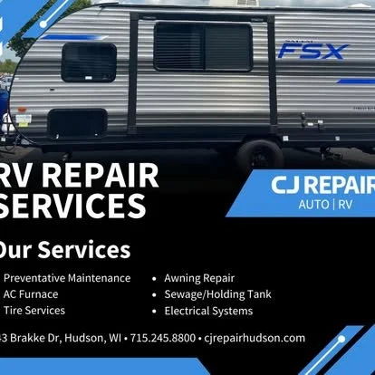 Advertisement for RV repair and maintenance services featuring a travel trailer and contact information in Hudson, Wisconsin.