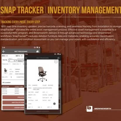 Close-up of a digital inventory management screen with a warehouse background, showing a chair's specifications and barcode scanning features. The image promotes SNAP TRACKER and BROWNSWORTH for inventory and asset management.