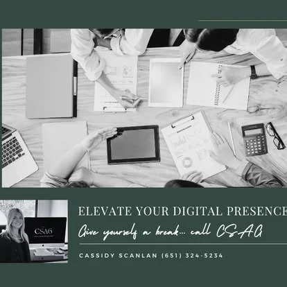 Top-down view of a business meeting with people working on laptops, tablets, and documents on a table. Text overlay promotes digital presence and includes contact information.