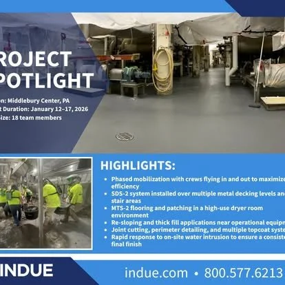 A manufacturing or processing facility with workers in yellow high-visibility clothing, machinery, and equipment. A blue overlay with text highlights project details and accomplishments.