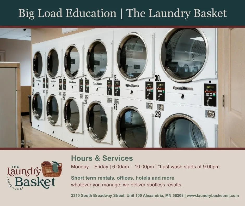 Photo of a row of commercial laundry washing machines at a laundromat.
