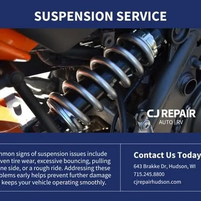 Close-up of a motorcycle suspension coil spring in a repair service advertisement with contact information.