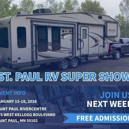 Banner advertising the St. Paul RV Super Show at Saint Paul RiverCentre, scheduled for January 15-18, 2026, in Saint Paul, Minnesota, offering free admission.