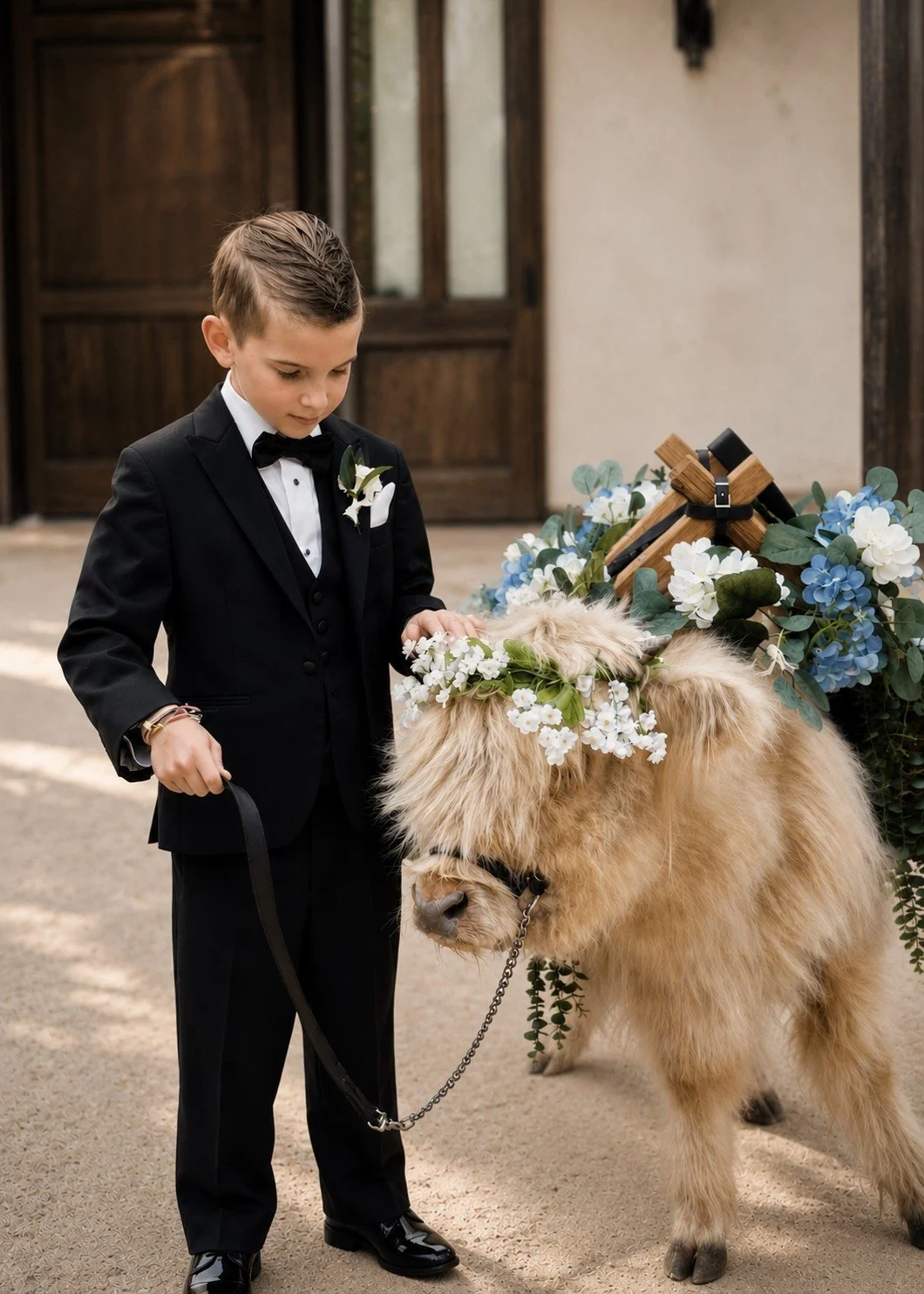 A young boy dressed in a black tuxedo with a white shirt and bow tie, holding a leash attached to a llama with a floral wreath on its head, in front of floral arrangements.