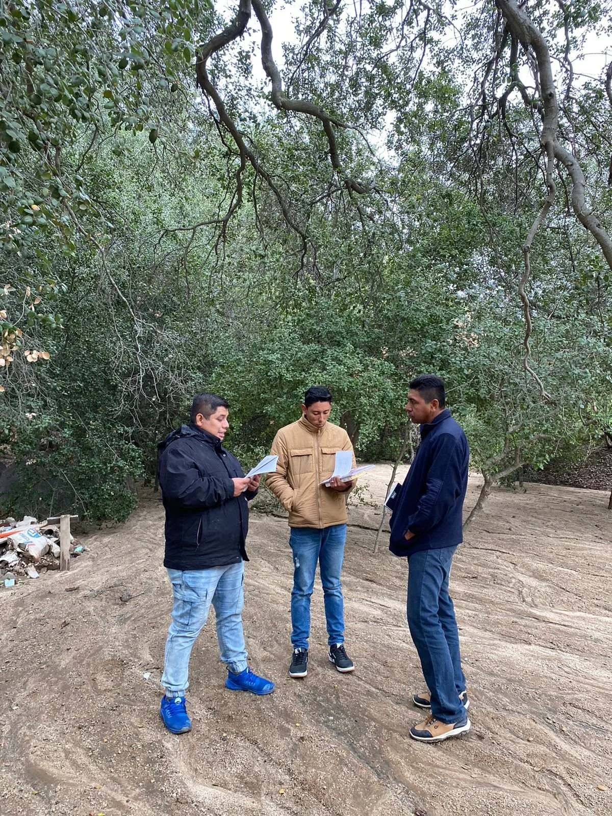 Tres hombres de pie en un área de tierra, rodeados de árboles, discuten y revisan papeles o documentos.