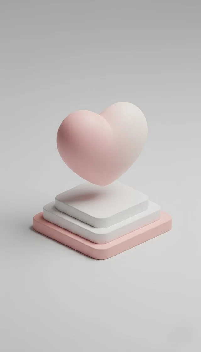 A 3D heart sculpture in soft pink and white tones on layered square platforms in pastel pink and white, against a plain light gray background.