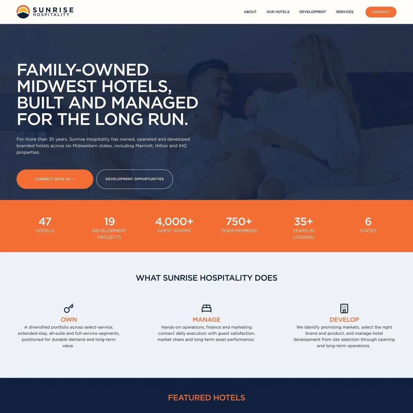 The Sunrise Hospitality website, designed and built on Squarespace by olio creative