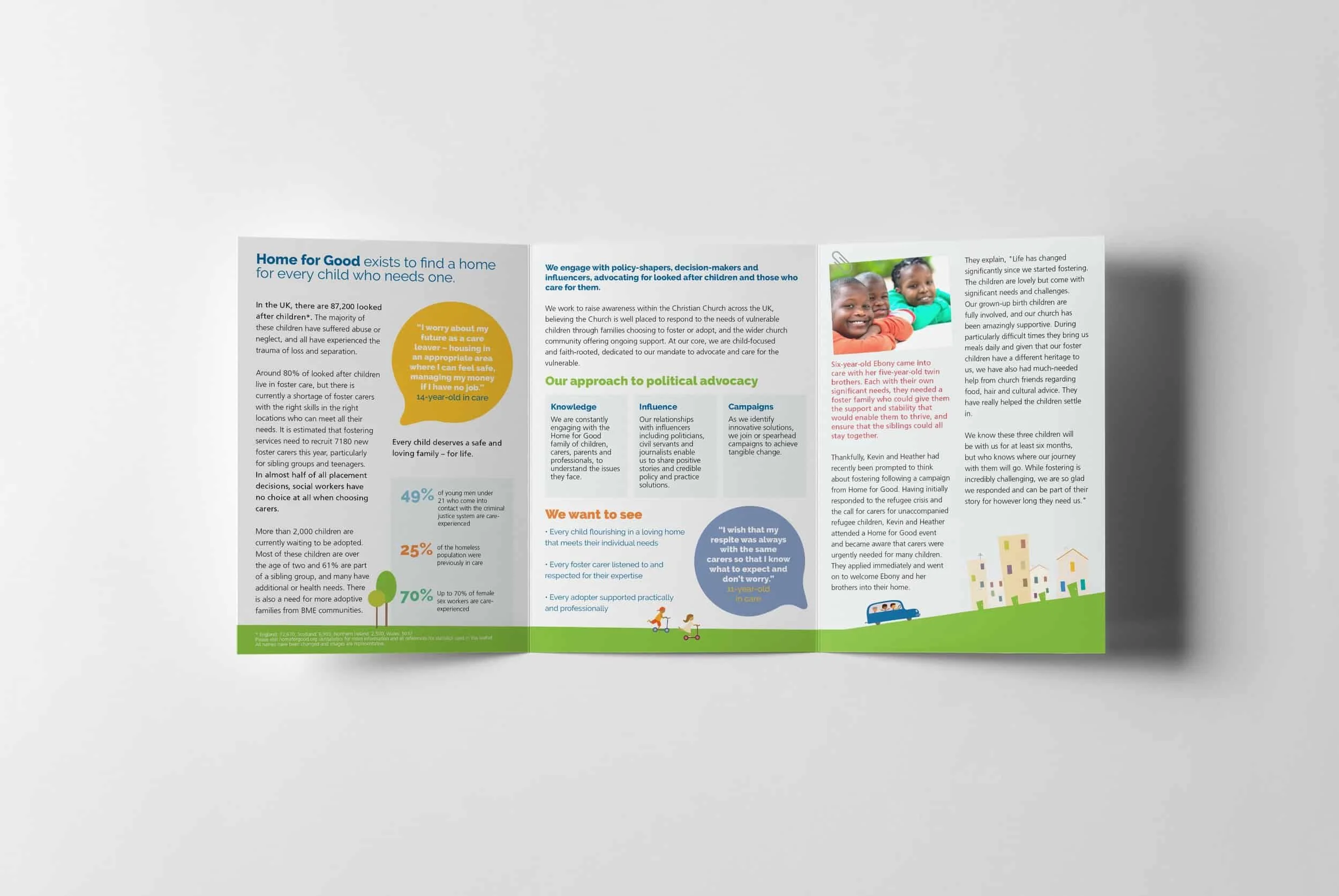 Flatlay view of trifold booklet design for Home for Good