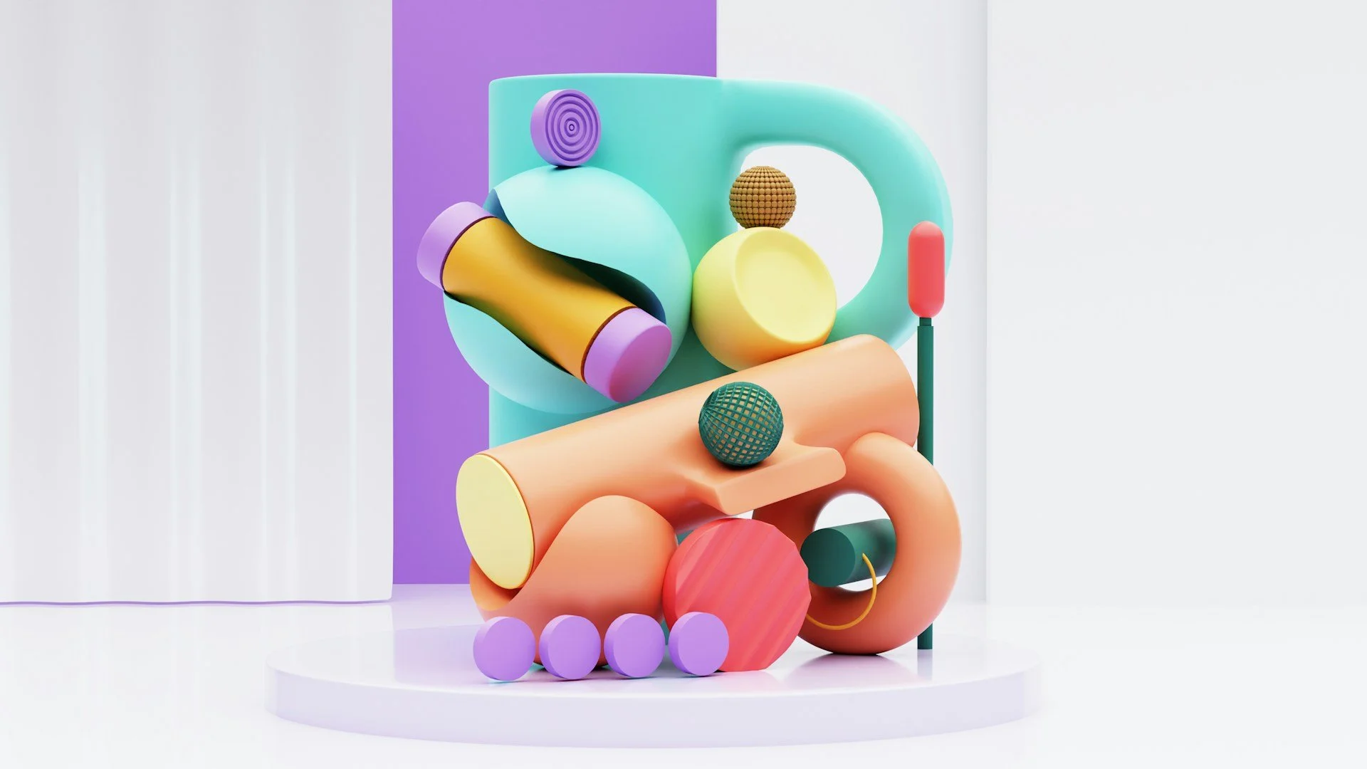 Abstract colorful sculpture with various geometric shapes, including spheres, cylinders, and rings, arranged on a white circular platform against a background of pastel purple, green, yellow, and white.