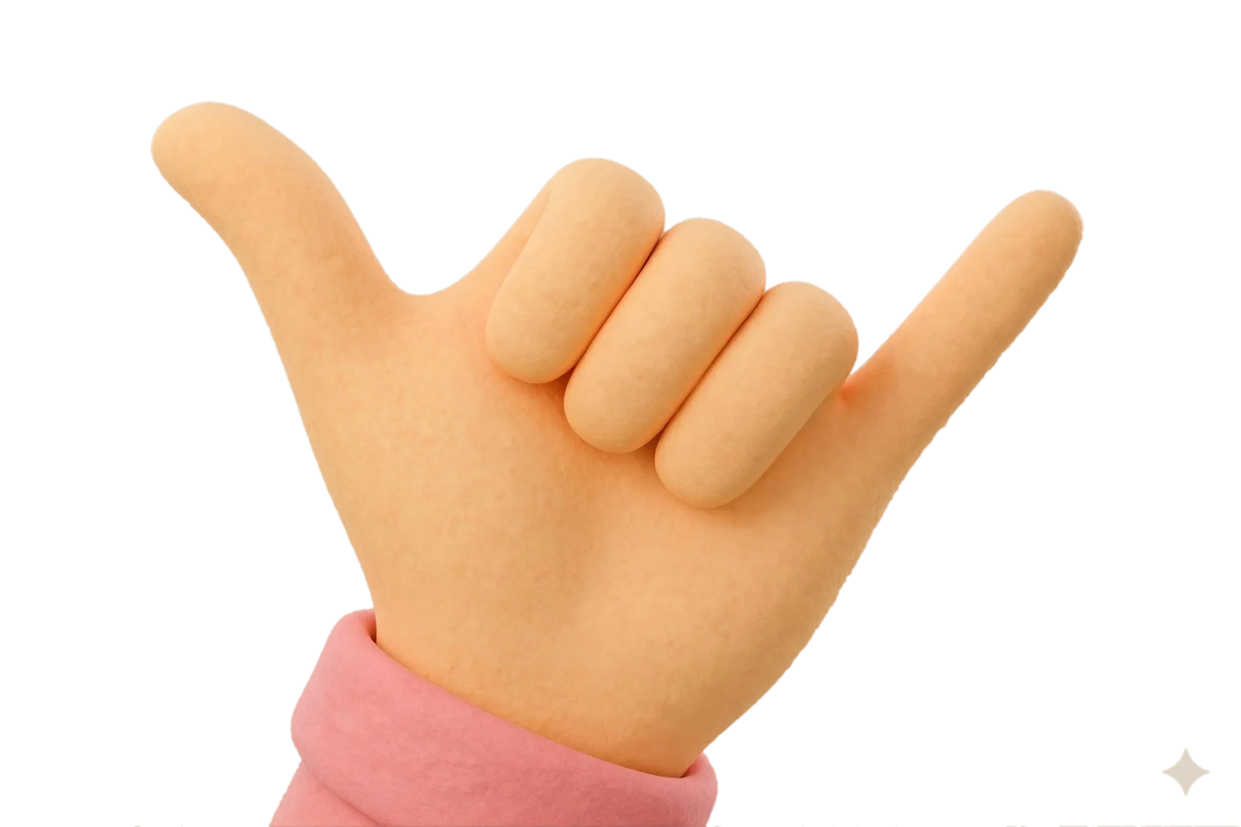 Close-up of a hand making the shaka sign, with the thumb and pinky finger extended and the other fingers curled.