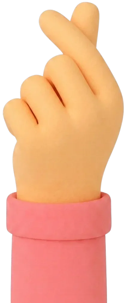 A hand making a finger heart gesture, with a pink sleeve visible
