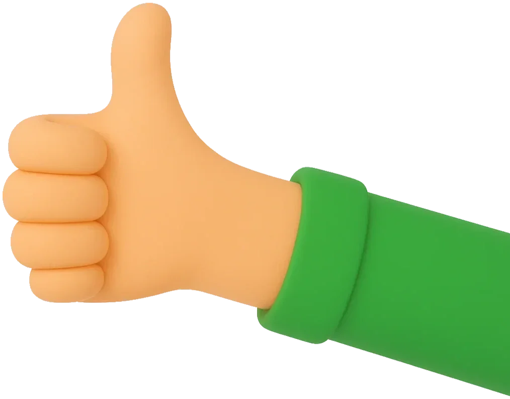 Toy hand giving a thumbs up gesture with a green sleeve.