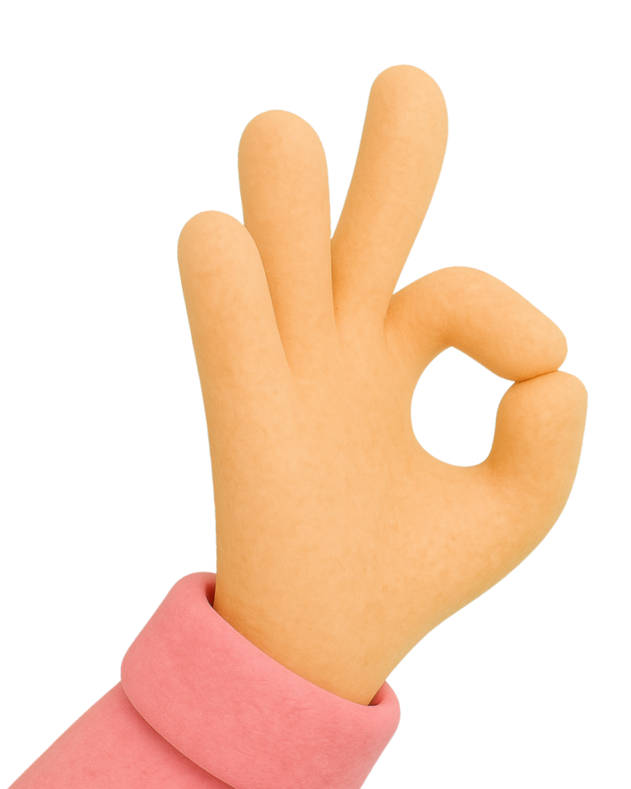 A hand making the OK gesture with the thumb and index finger forming a circle and the other fingers extended upward, wearing a pink sleeve.
