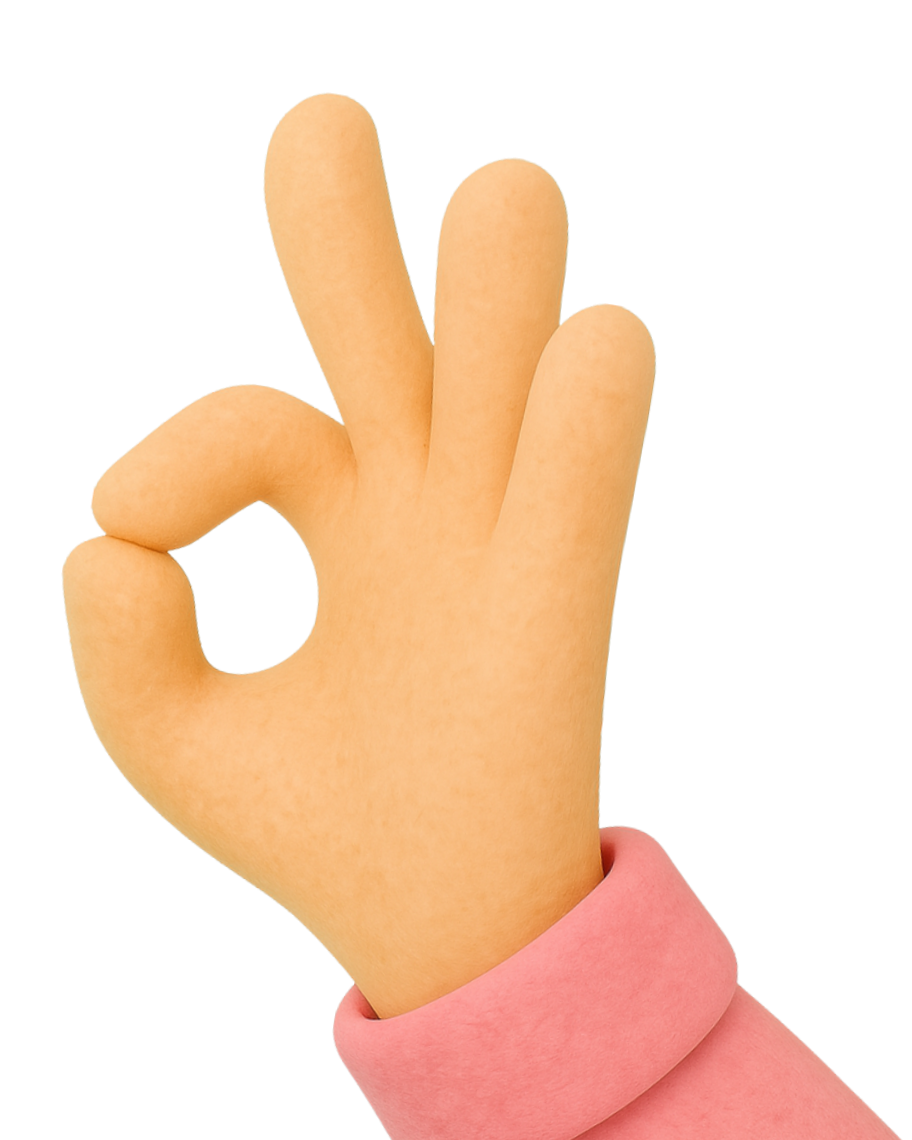 Close-up of a cartoon hand making an 'ok' gesture with the thumb and index finger forming a circle and the other fingers extended.