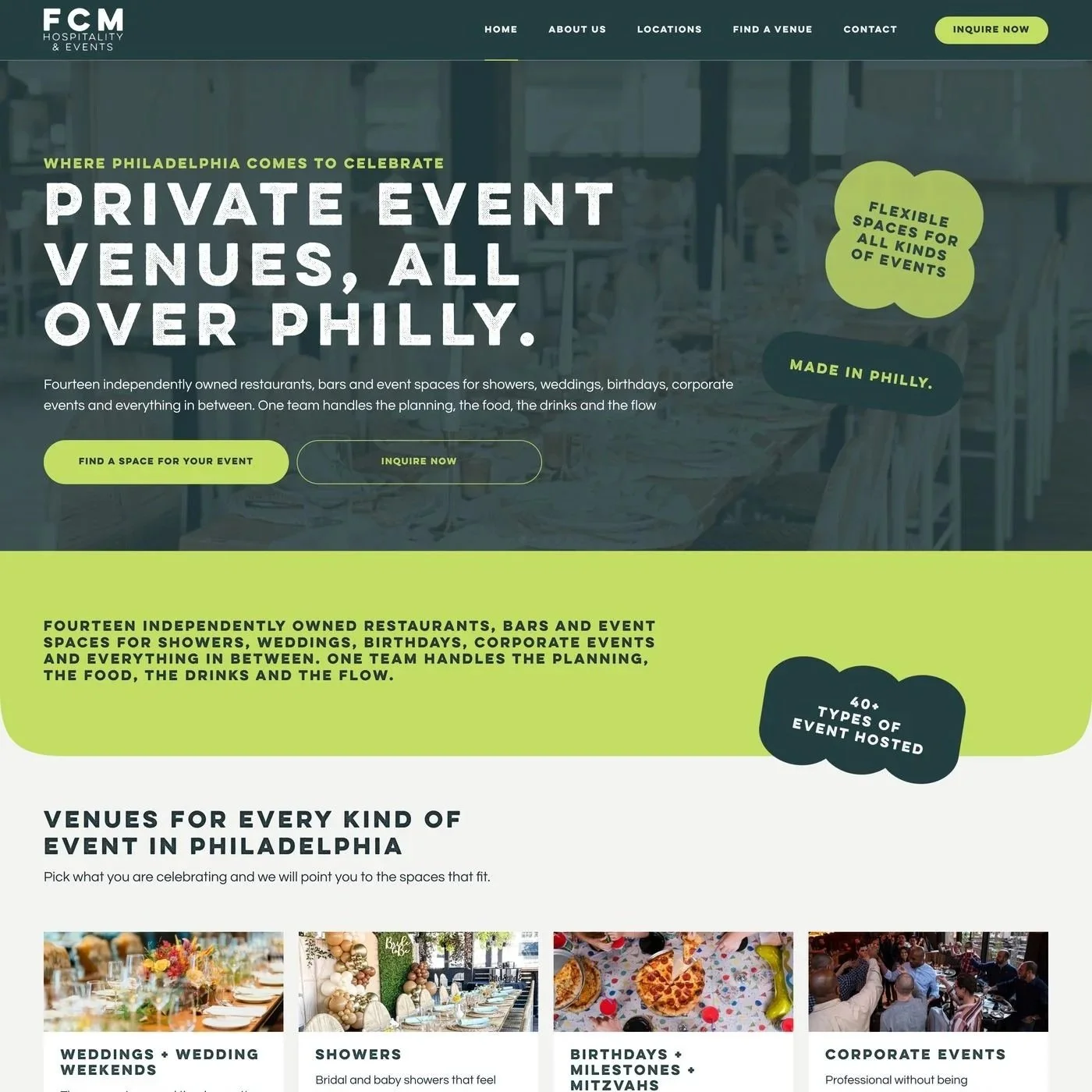 The FCM Hospitality + Events website, designed and built on Squarespace by olio creative
