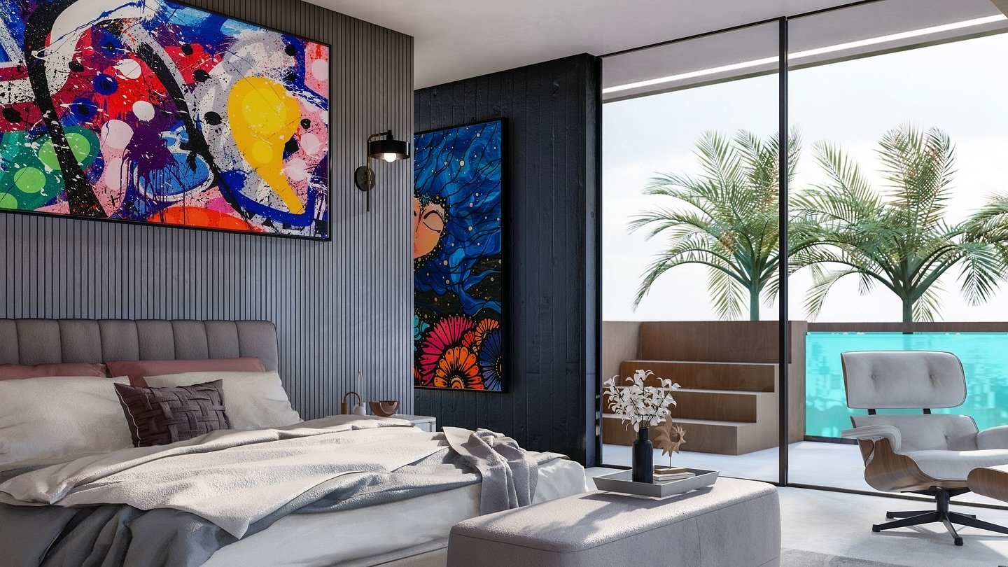 Step into the serene elegance of this modern bedroom, where art and nature seamlessly converge. The vibrant artwork adds a splash of color and personality, creating a dynamic focal point against the sleek, contemporary backdrop. Floor-to-ceiling wind