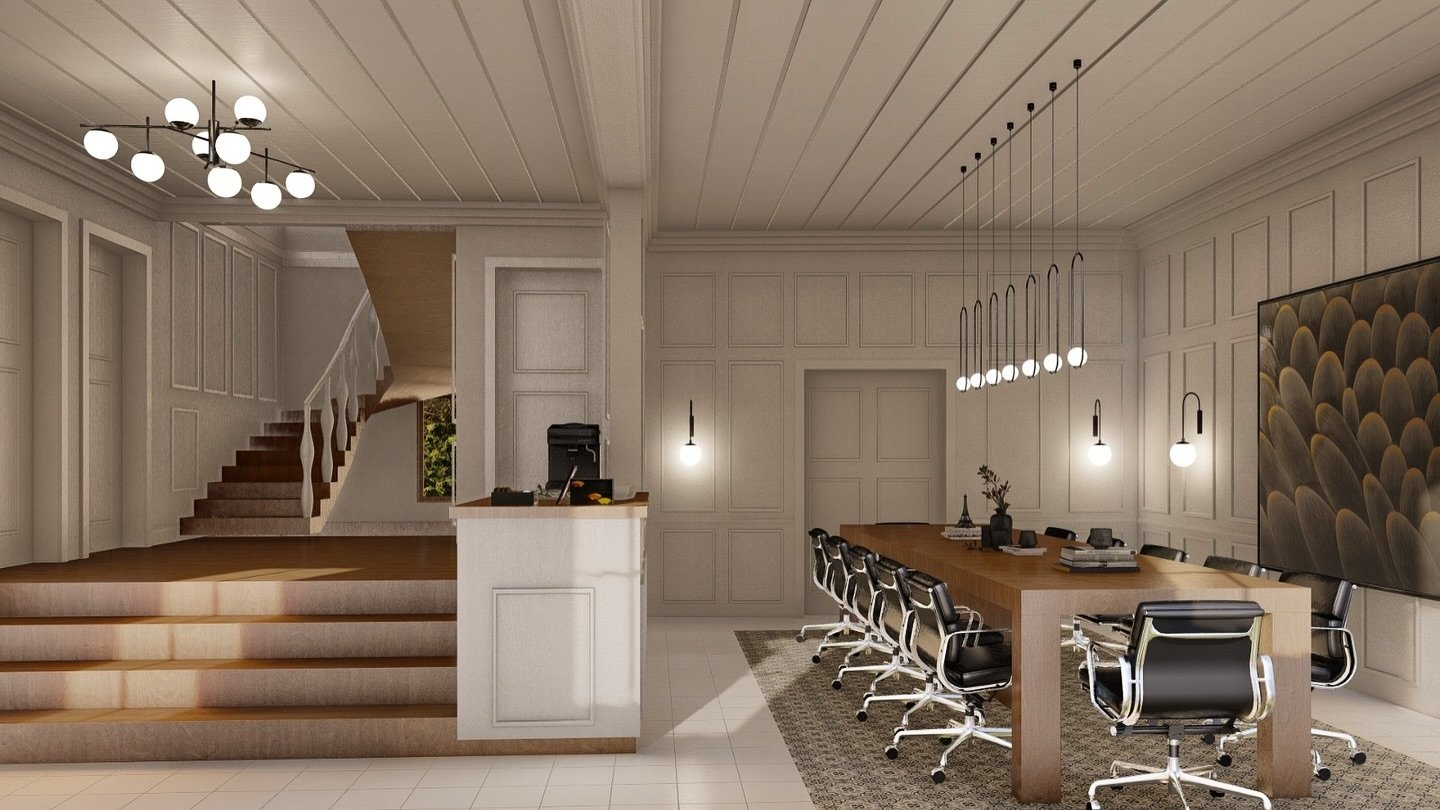 Sophisticated interior where classic design meets modern functionality. Designed for both comfort and productivity. Ideal setting for meetings and collaborations. 
#ClassicMeetsModern #SophisticatedSpaces #ElegantInteriors #ProductiveWorkspaces