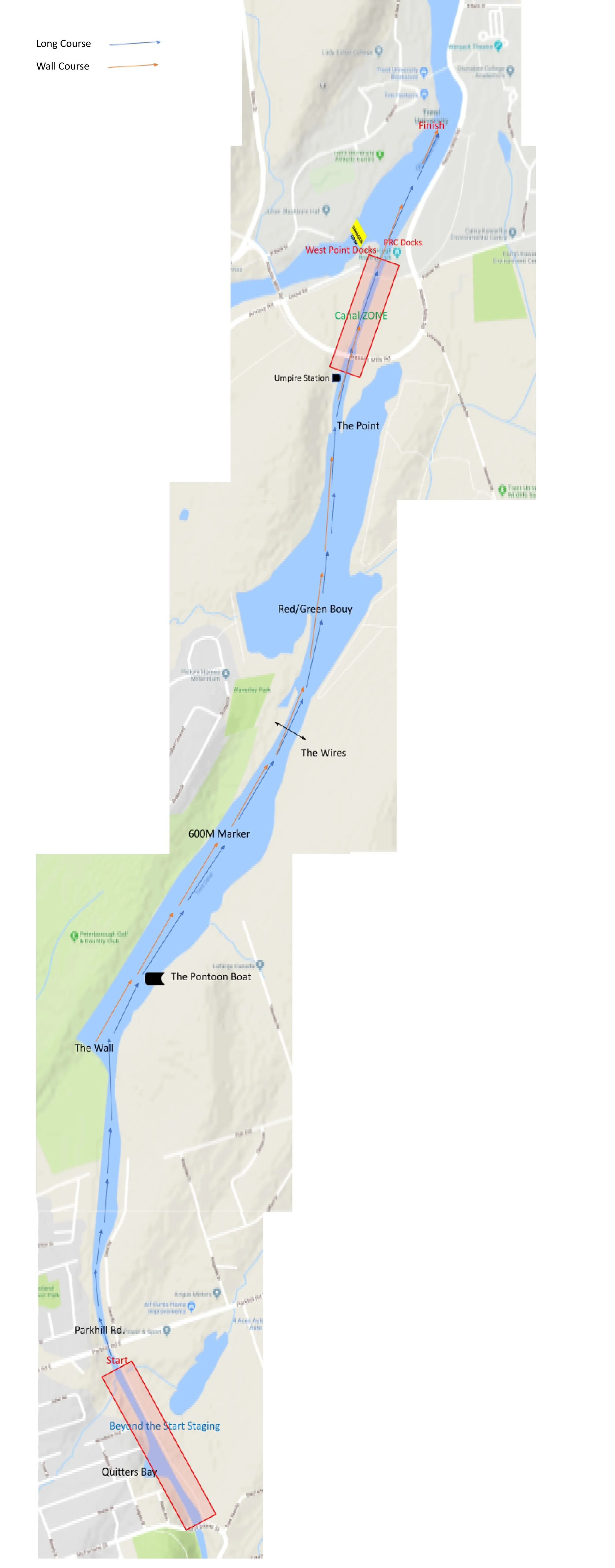 Map of a boating race course on a river, showing start line, buoy markers, docking points, and finish line, with designated zones and navigation paths.