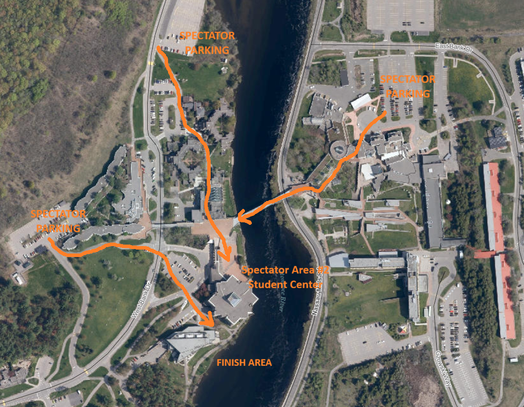 Aerial map showing a route for an event with designated spectator parking areas on the left, right, and top right, starting from the bottom left area marked 'Finish Area,' following an orange line crossing a river, passing by a student center, and ending at various spectator parking spots.