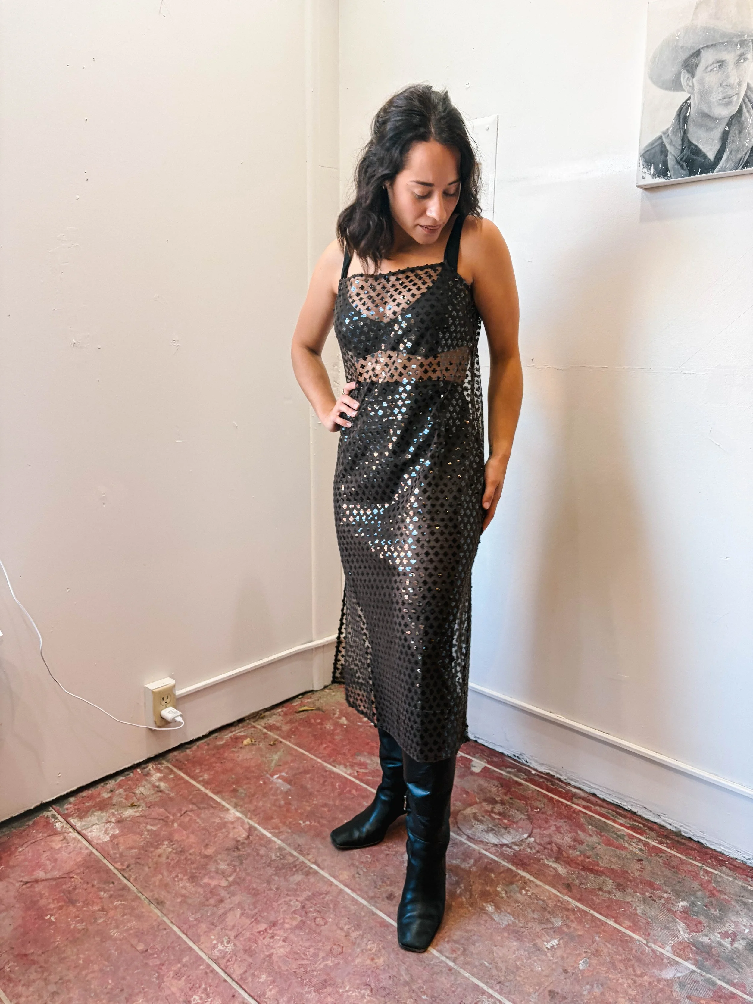 Aii Golden Slip Dress - Taupe & Black Sequins