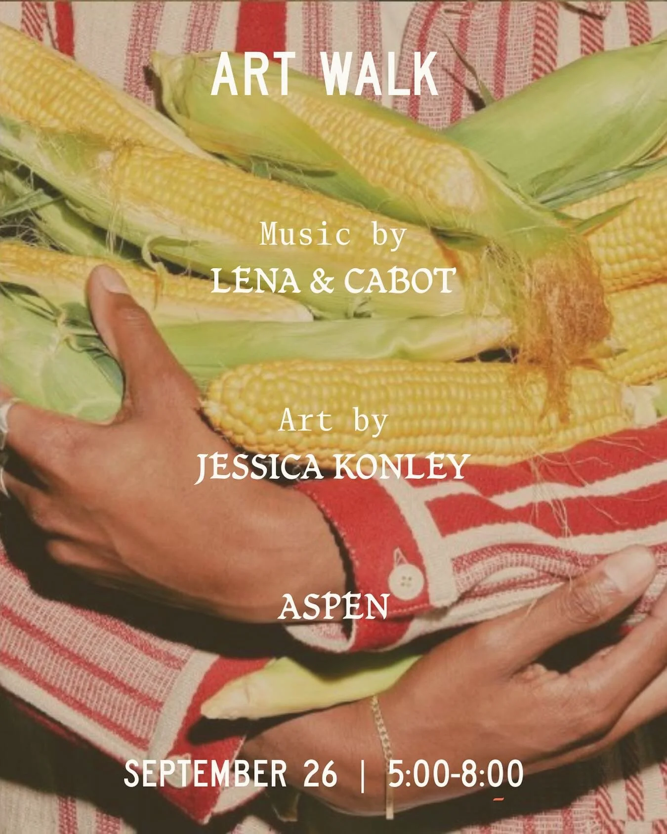 Join us tonight in celebrating the last Art Walk of the season with art by shop founder @jessicakonley , Reed Konley and Jeff Mount, music by @lena_rich with some opening tunes by @zaqsquares , and community outreach with @aspen.mt . 🌽 

5:00-8:00