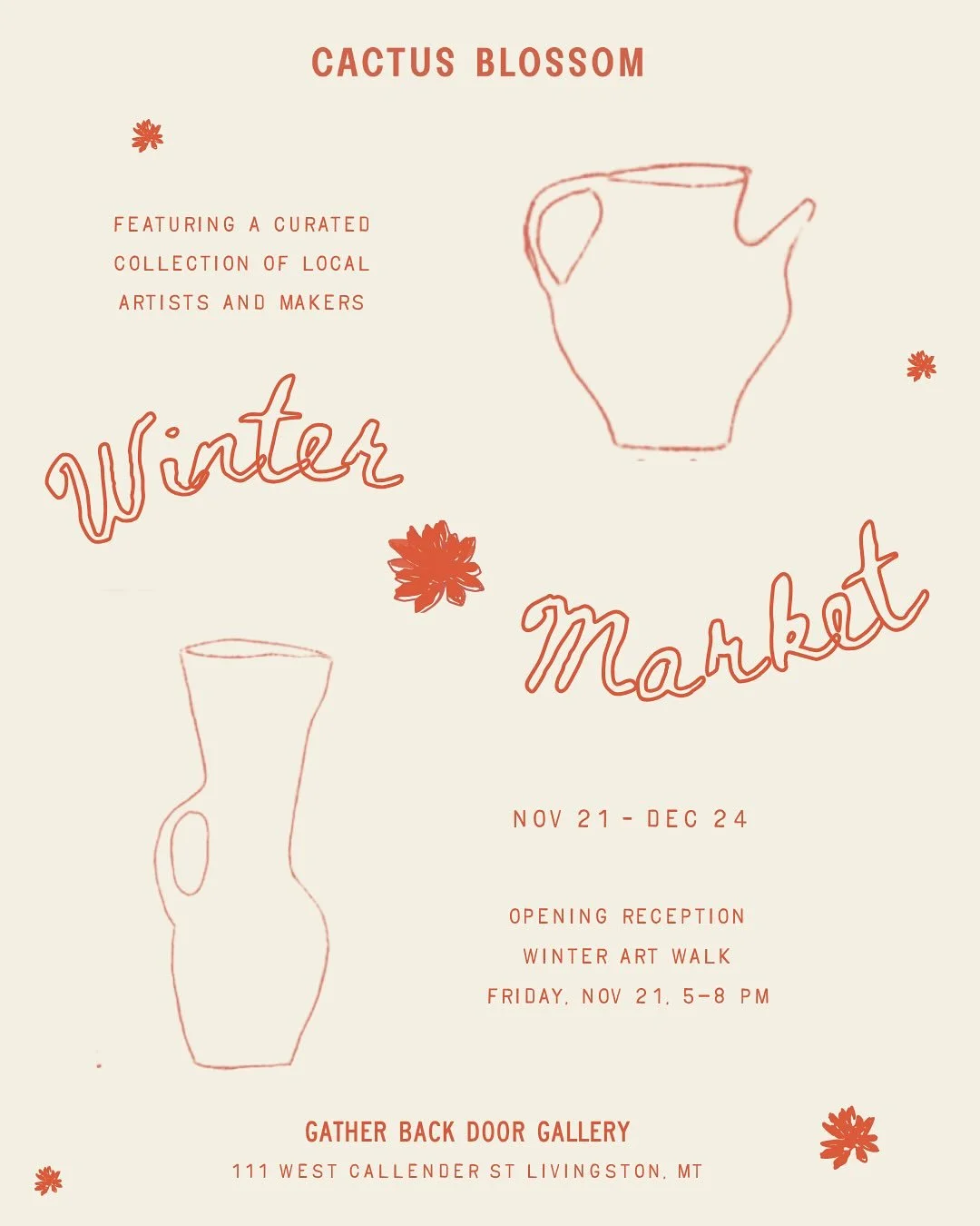 Join us for our first-ever Winter Market, a cozy and very festive celebration of local artists, makers, and creative.

Nov 21 &ndash; Dec 24
Opening Reception during
Winter Art Walk &mdash; Fri, Nov 21, 5&ndash;8 PM
Gather Back Door Gallery at Cactus