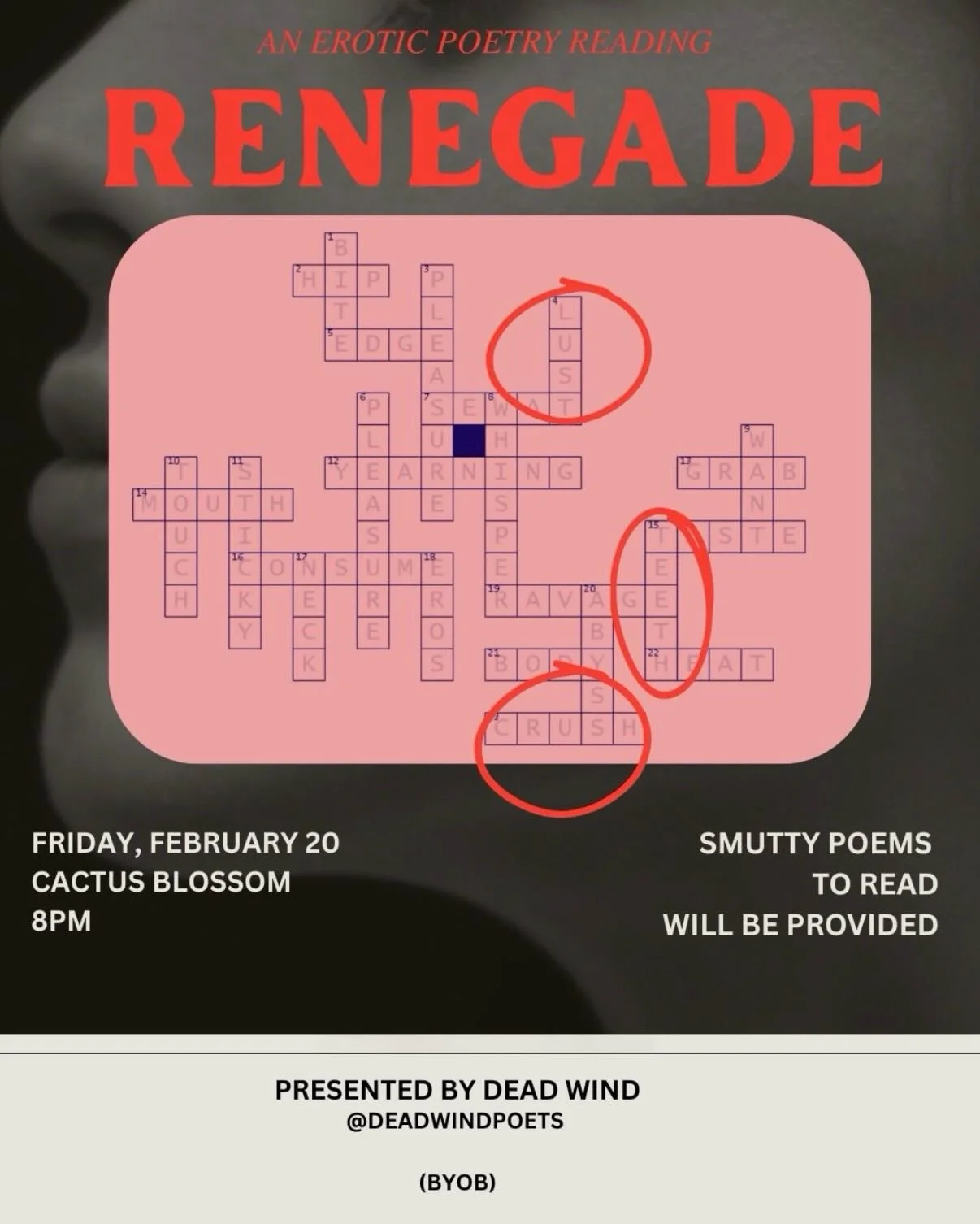 We are thrilled to be hosting @deadwindpoets this Friday for a very sweaty, saucy, spicy, smutty poetry reading.

&lsquo;Poems will be provided. Come because you&rsquo;re curious, stay because words are spells.&rsquo;

Poem by Kim Addonizio. Painting