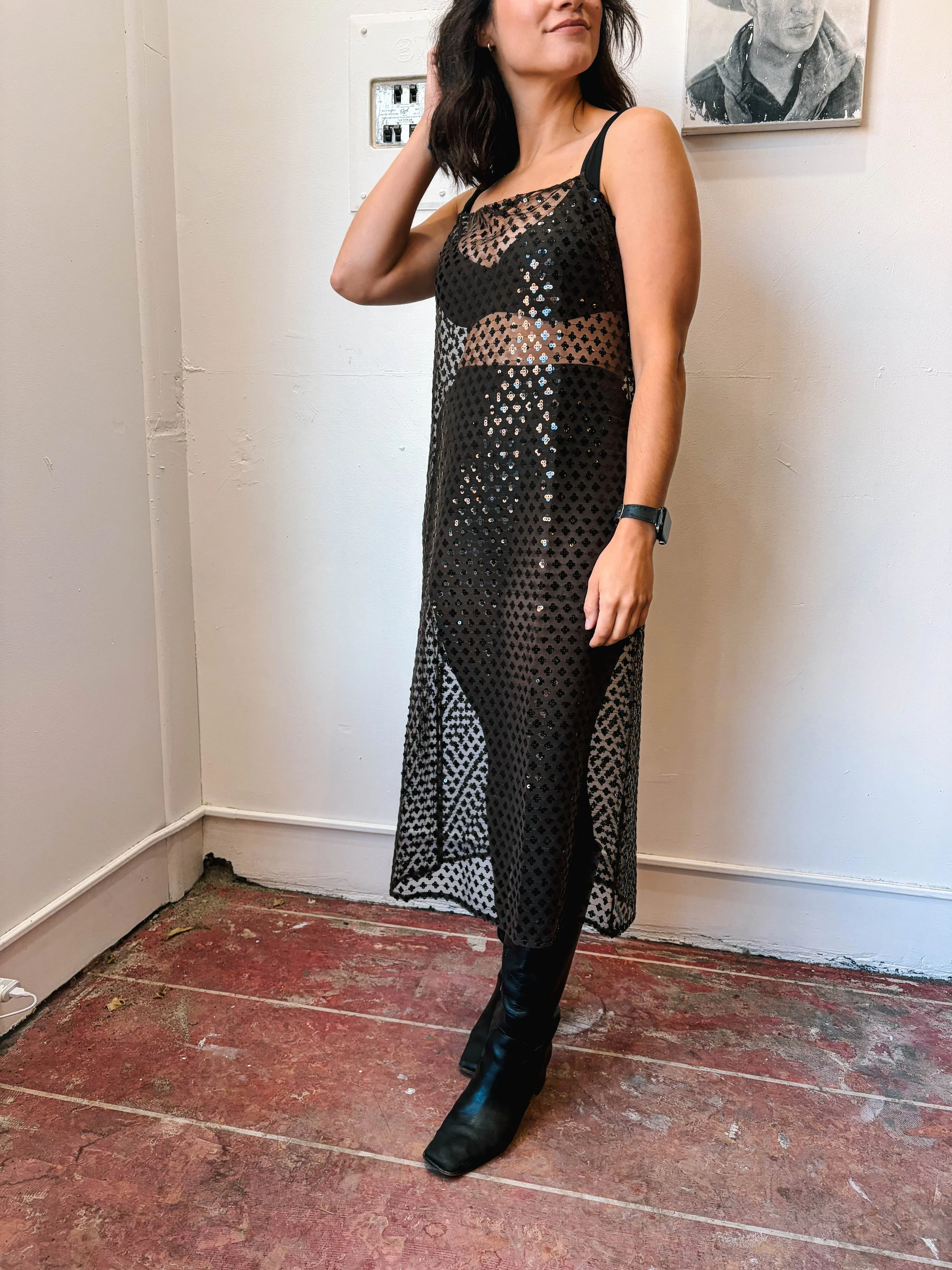Aii Golden Slip Dress - Taupe & Black Sequins